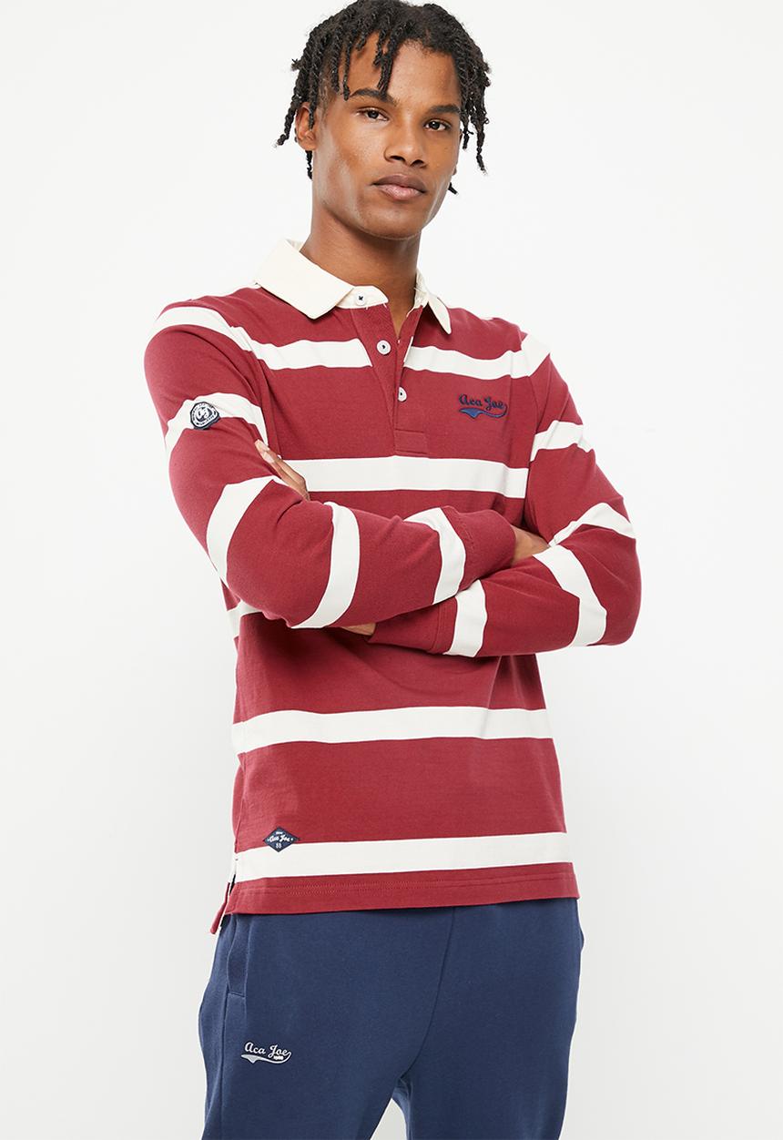 Aca Joe - Mens aca joe double knit y/dyed stripe applique emb  golfer  rugby jersey ls-red
