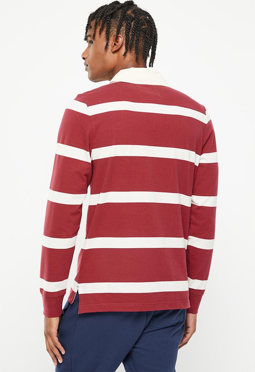 Aca Joe - Mens aca joe double knit y/dyed stripe applique emb  golfer  rugby jersey ls-red