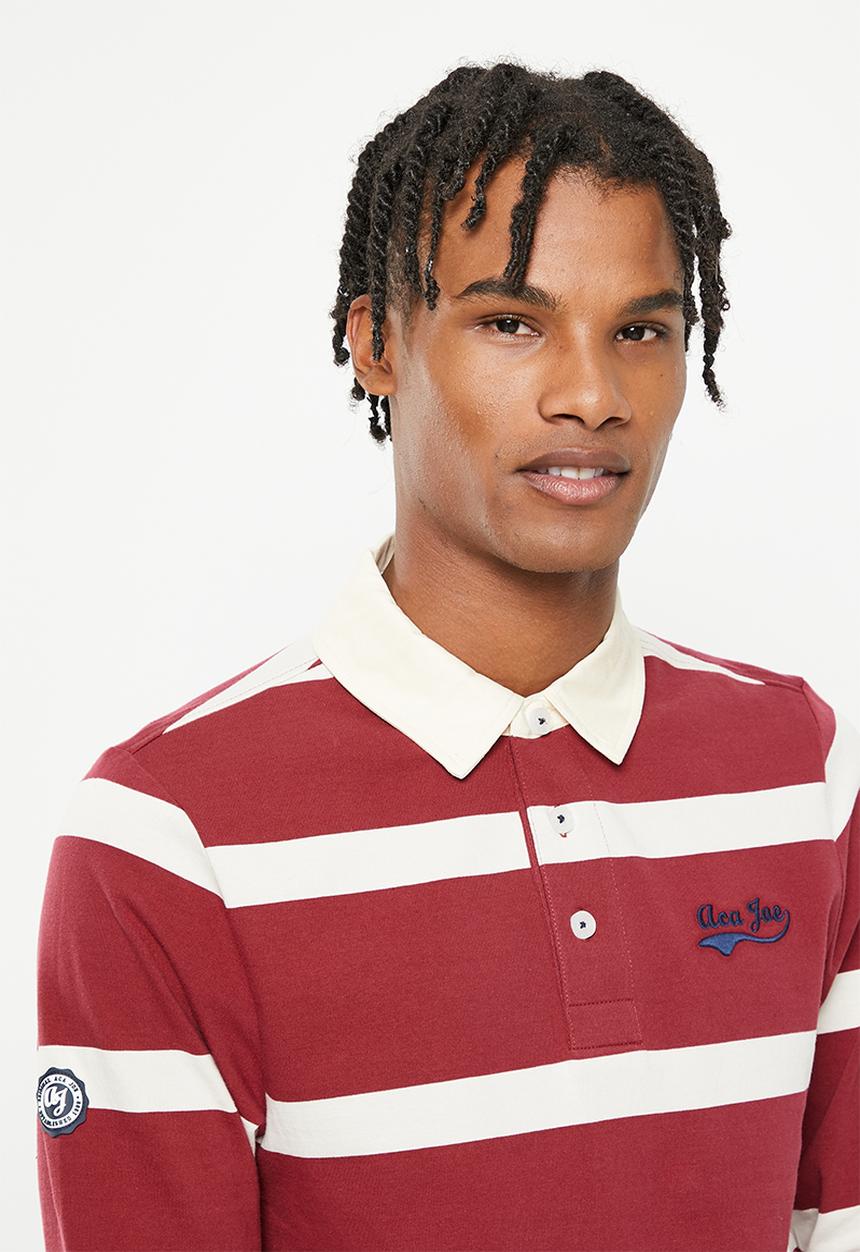 Aca Joe - Mens aca joe double knit y/dyed stripe applique emb  golfer  rugby jersey ls-red
