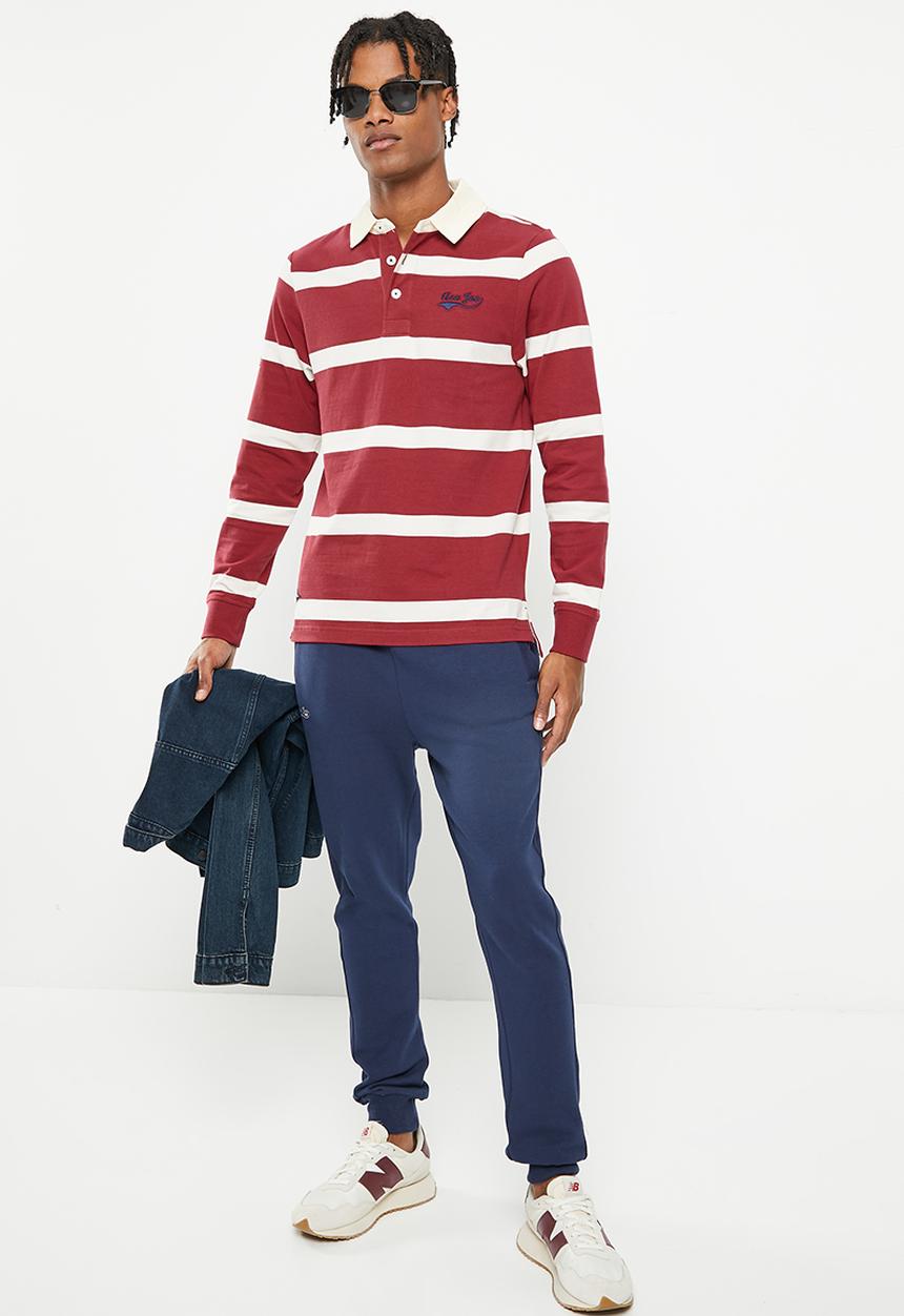Aca Joe - Mens aca joe double knit y/dyed stripe applique emb  golfer  rugby jersey ls-red