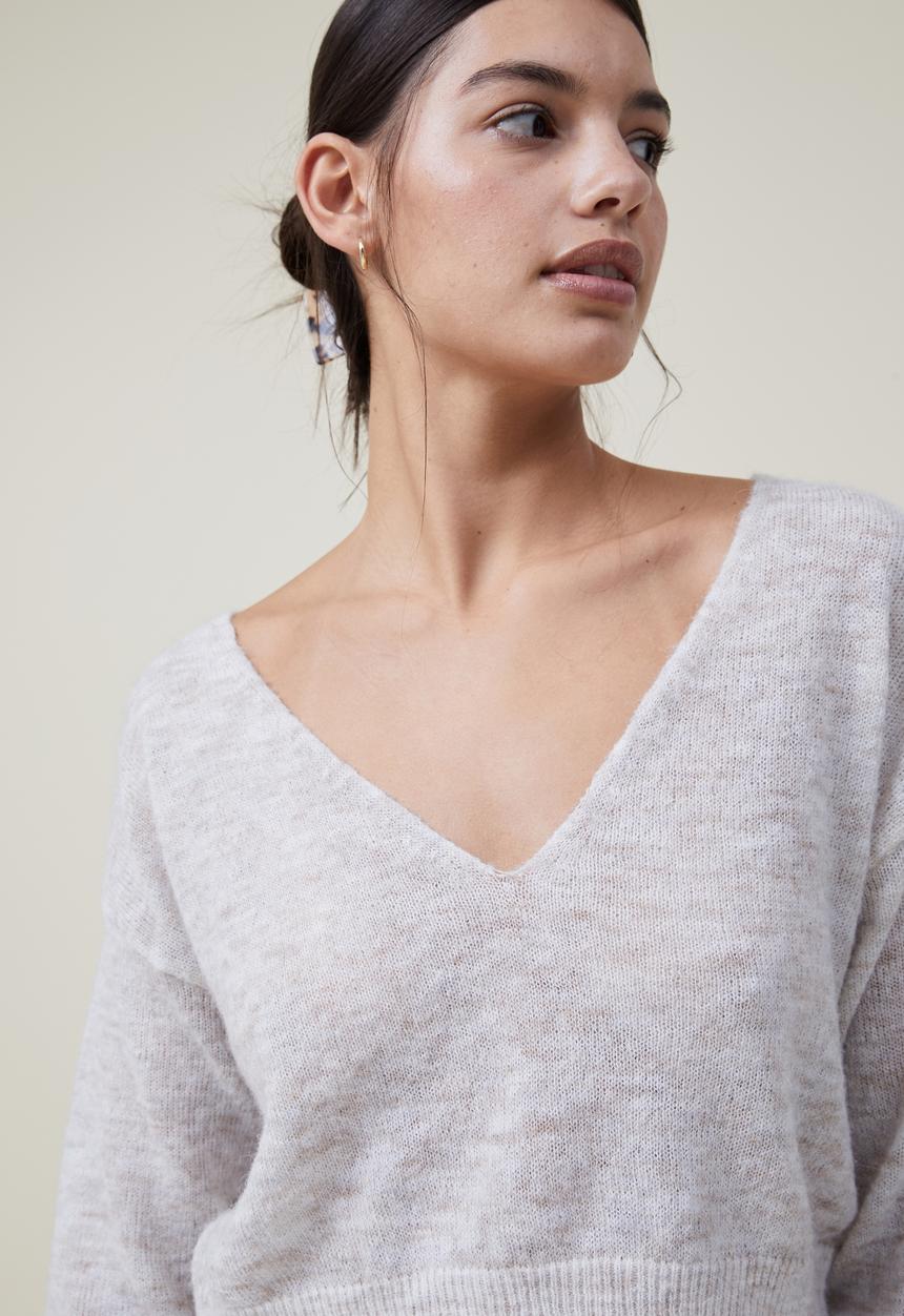 Cotton On - Superfine crop pullover v-neck - porcelain