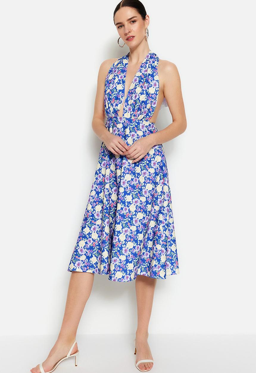 Trendyol - Halter-neck ruffle hem dress - multi blue
