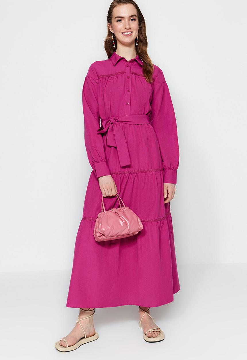 Trendyol - Modest collared longsleeve full length skater dress - fuchsia