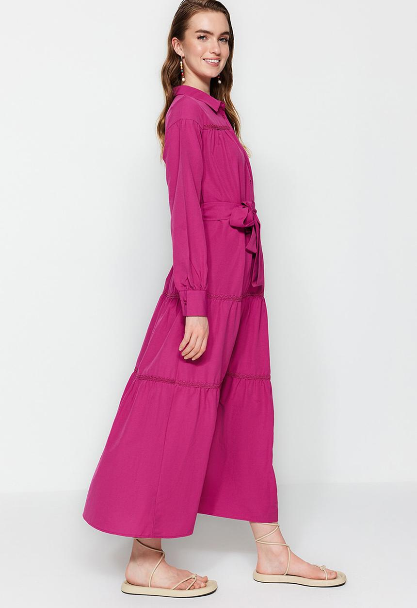 Trendyol - Modest collared longsleeve full length skater dress - fuchsia
