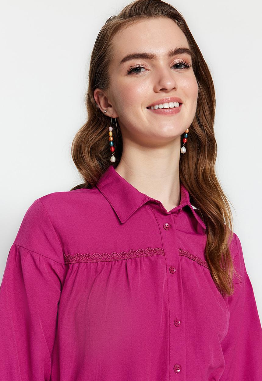 Trendyol - Modest collared longsleeve full length skater dress - fuchsia