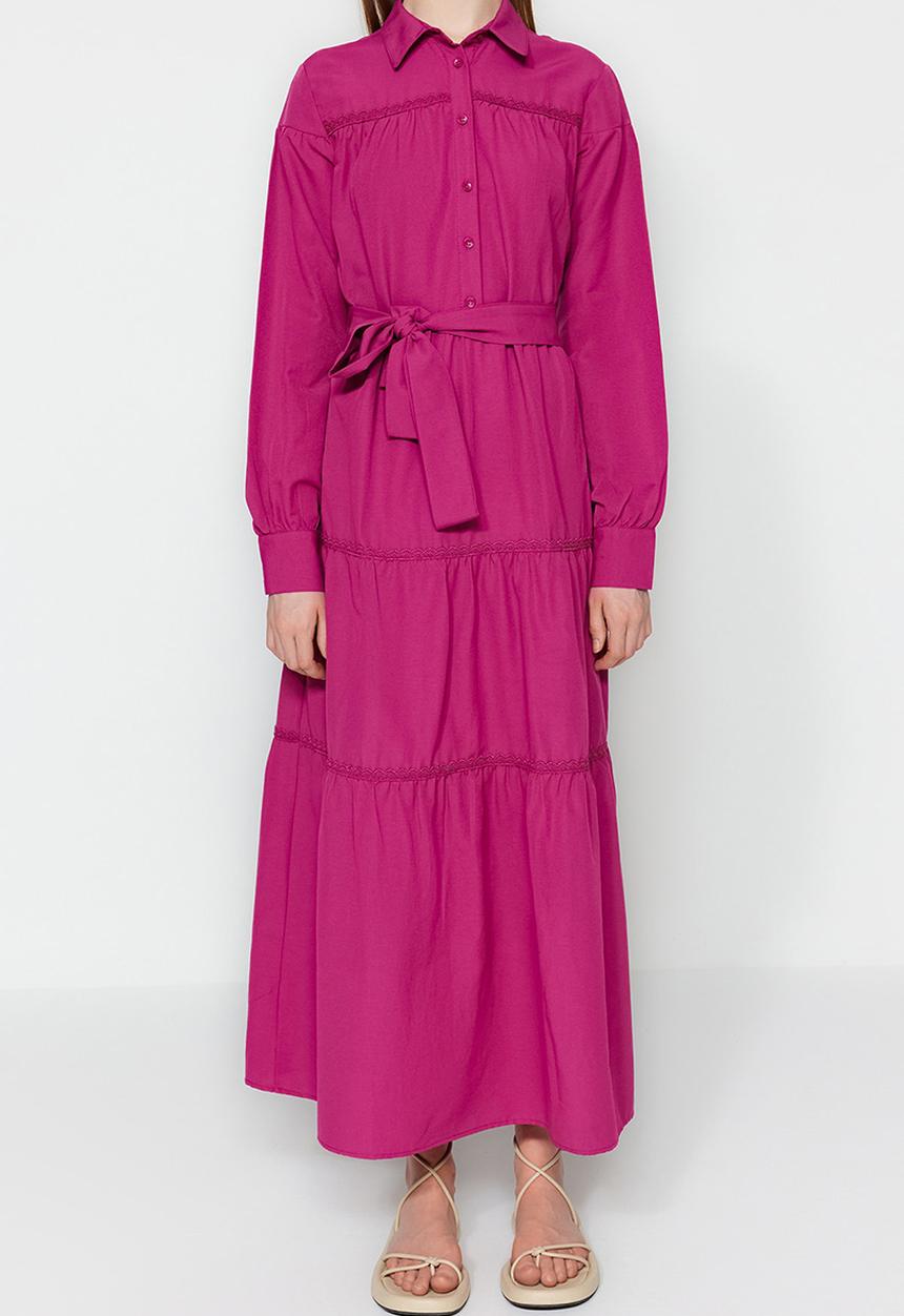 Trendyol - Modest collared longsleeve full length skater dress - fuchsia