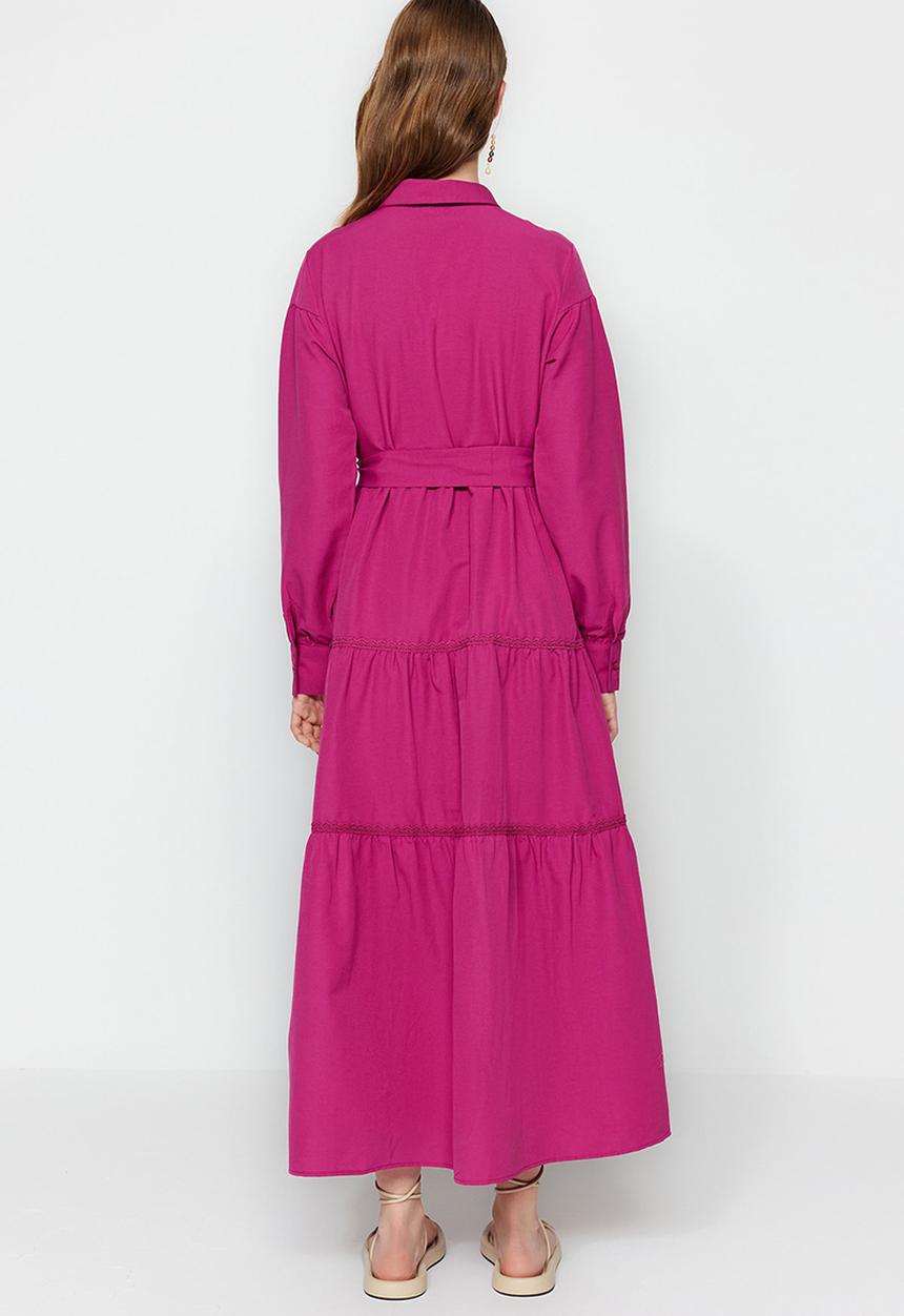 Trendyol - Modest collared longsleeve full length skater dress - fuchsia