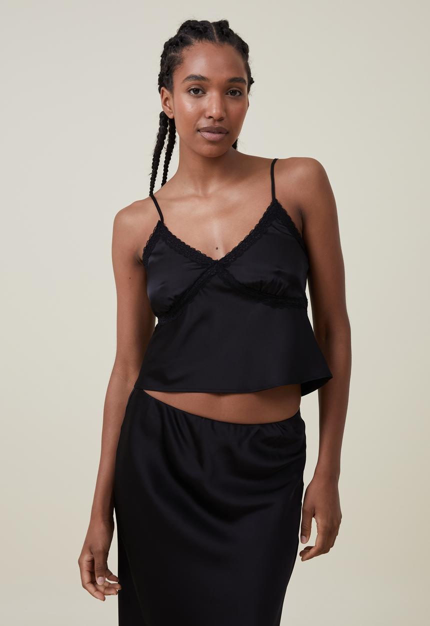 Cotton On - Satin lace cami - black