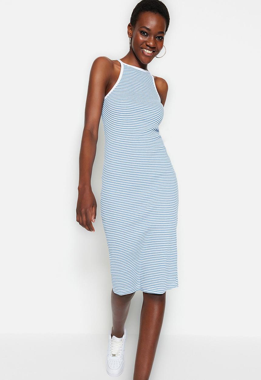 Trendyol - High-neck sleeveless bodycon dress - blue stripe