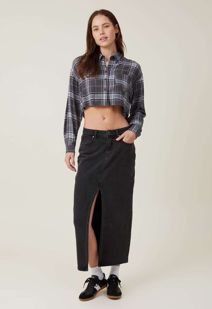 Cropped boyfriend flannel shirt - veronica check graphite