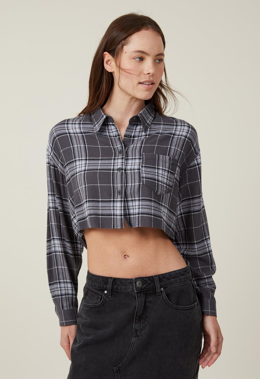 Cropped boyfriend flannel shirt - veronica check graphite