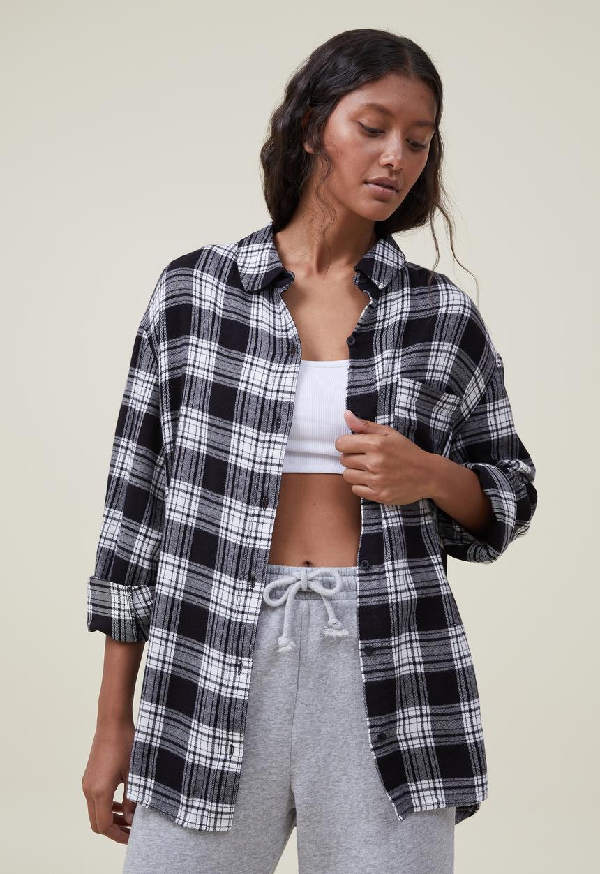 Cotton On - Boyfriend flannel shirt - brittney check black
