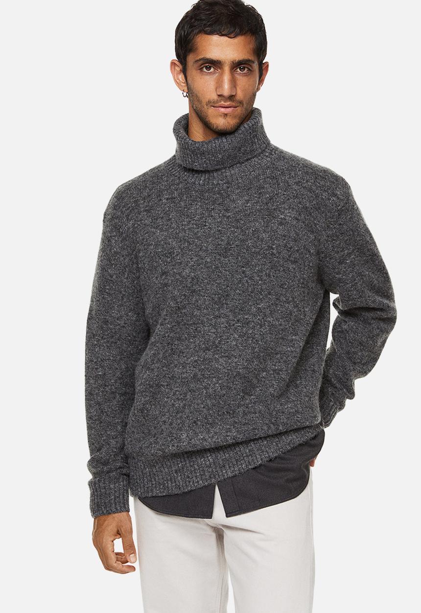 H&M - Relaxed fit fine-knit polo-neck jumper - dark grey marl