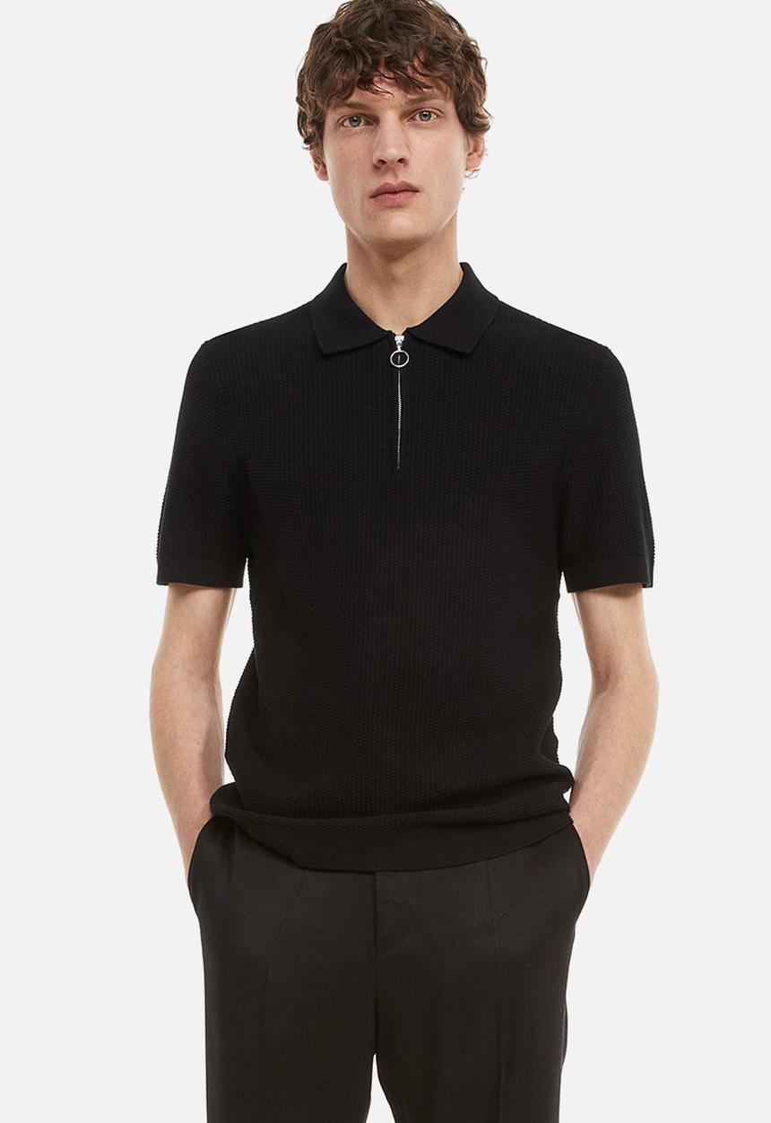 H&M - Slim fit zip-top polo shirt - black