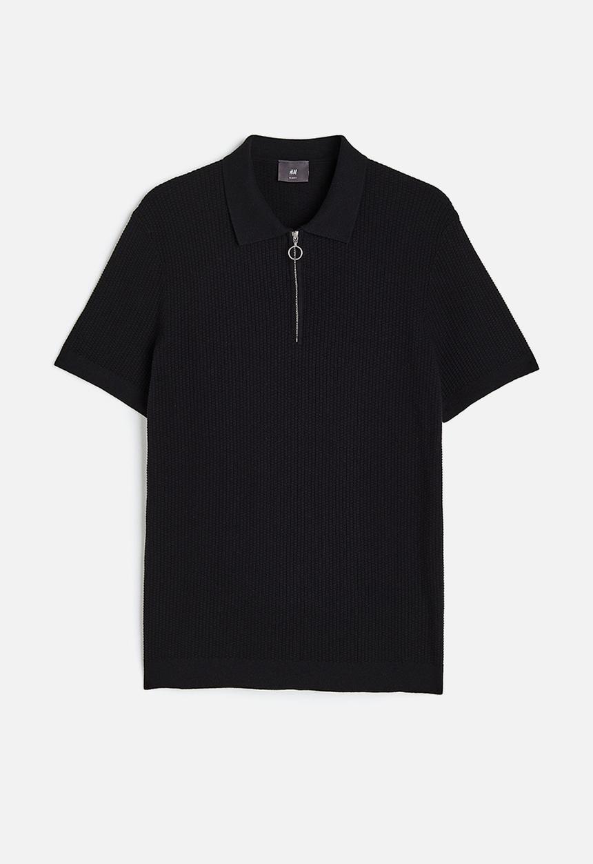 H&M - Slim fit zip-top polo shirt - black
