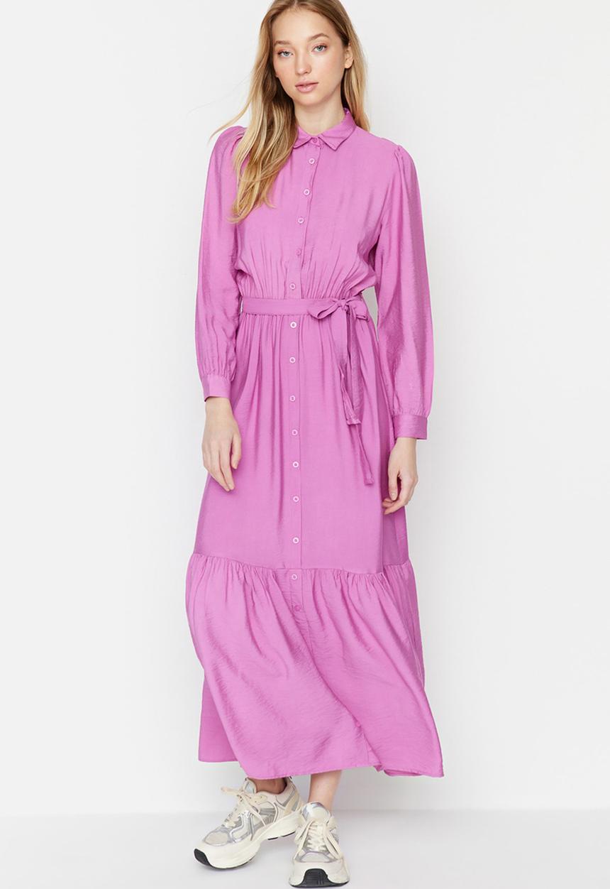 Trendyol - Collared long sleeve a-line full length dress - pink