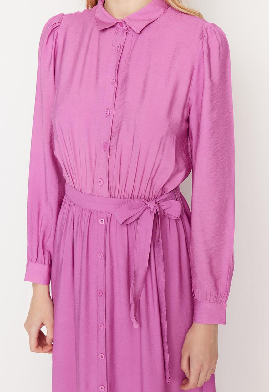 Trendyol - Collared long sleeve a-line full length dress - pink