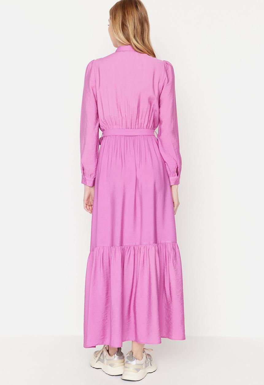 Trendyol - Collared long sleeve a-line full length dress - pink