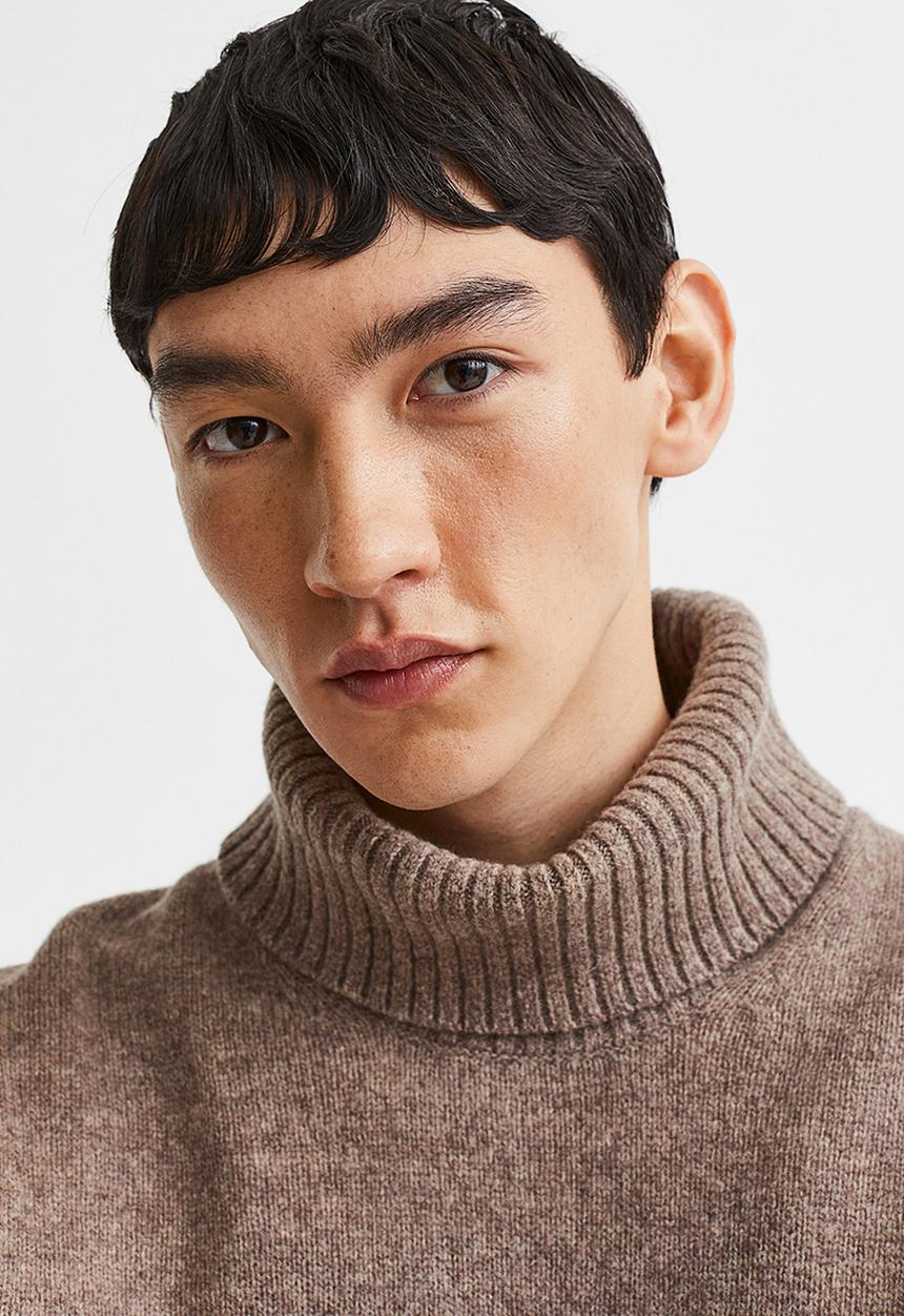 H&M - Relaxed fit wool polo-neck jumper - greige marl