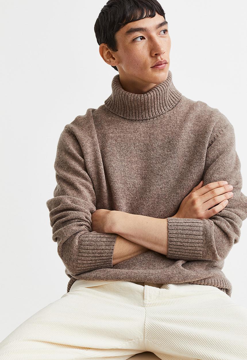 H&M - Relaxed fit wool polo-neck jumper - greige marl