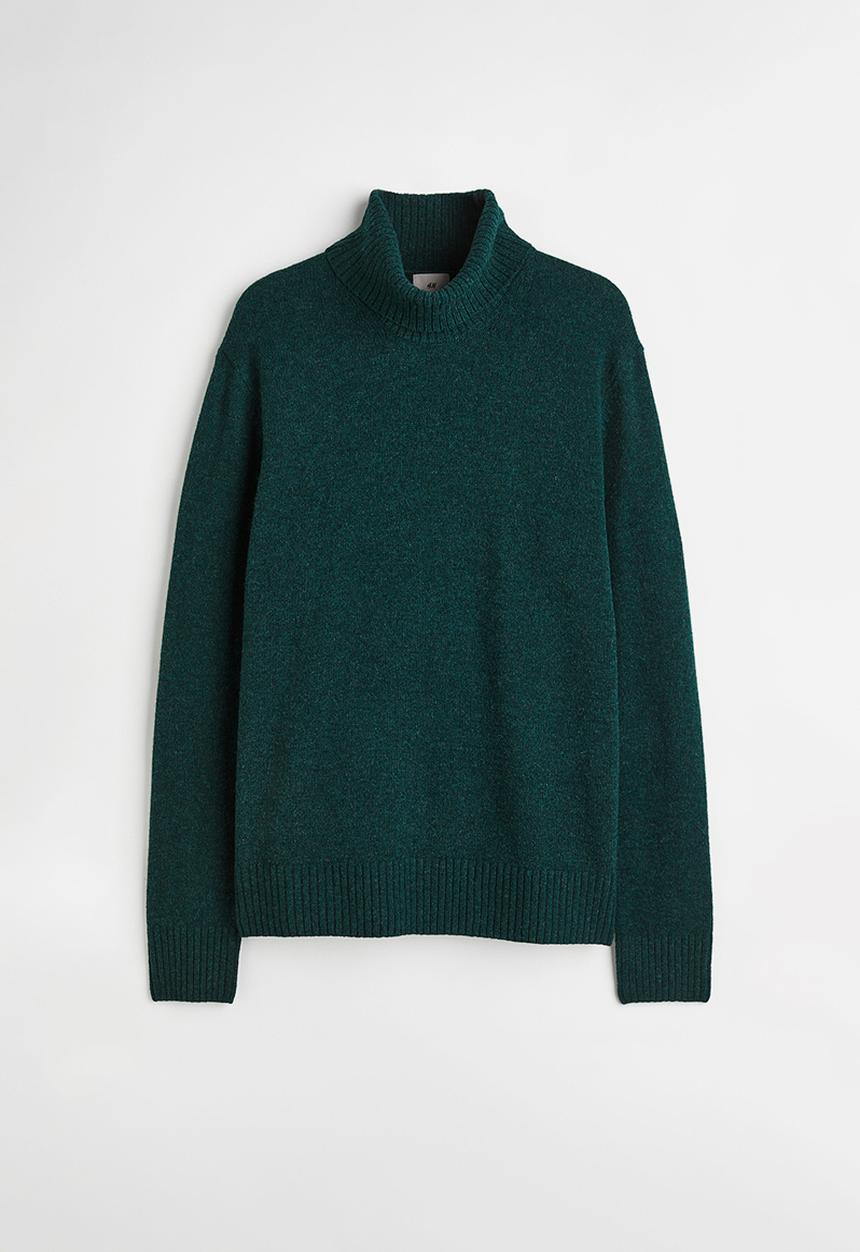 H&M - Relaxed fit wool polo-neck jumper - dark green marl