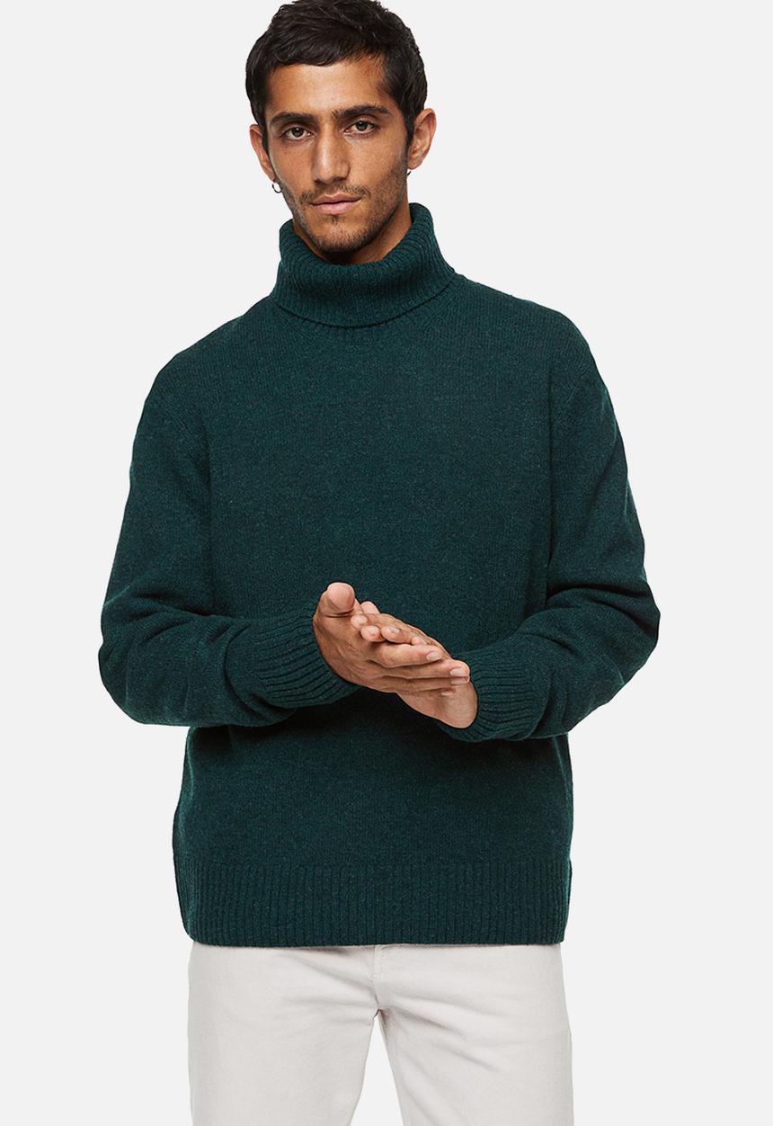 H&M - Relaxed fit wool polo-neck jumper - dark green marl