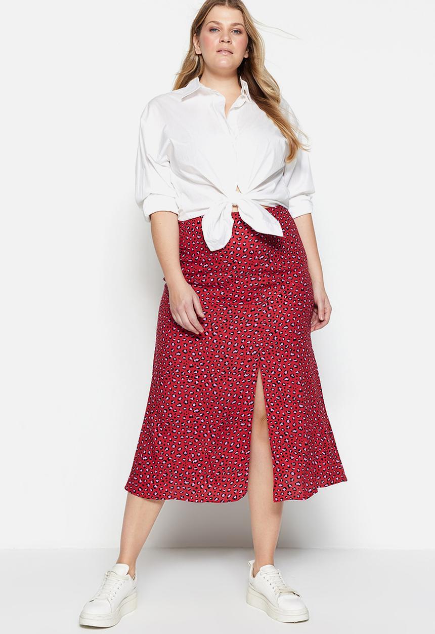 Trendyol - Plus ditsy print skirt with slit - red