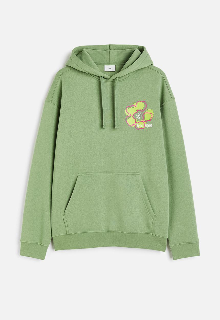 H&M - Relaxed fit printed hoodie - dusty green/restart refresh