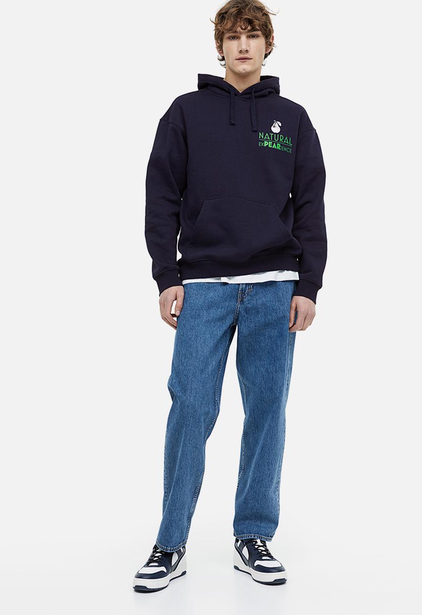 H&M - Relaxed fit printed hoodie - dark blue/pear