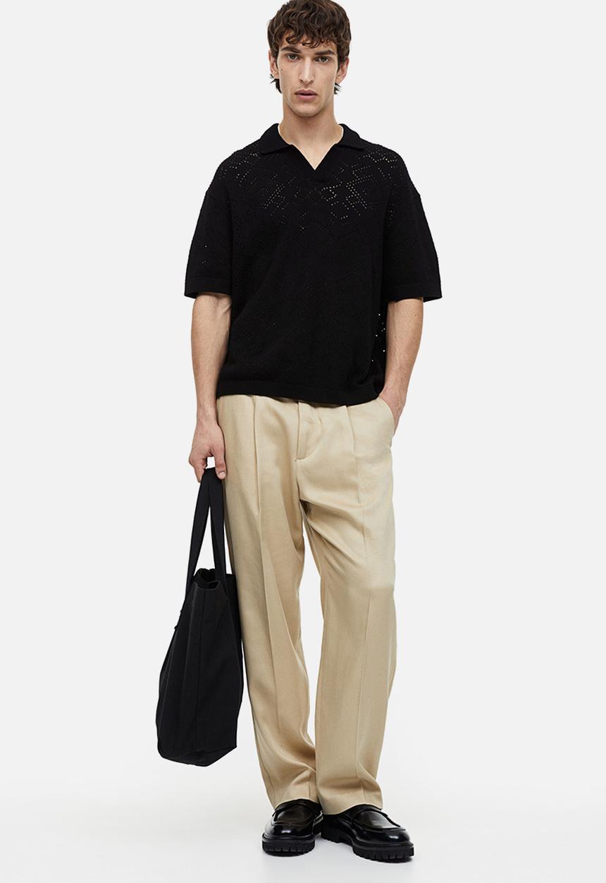 H&M - Relaxed fit crochet-look polo shirt - black