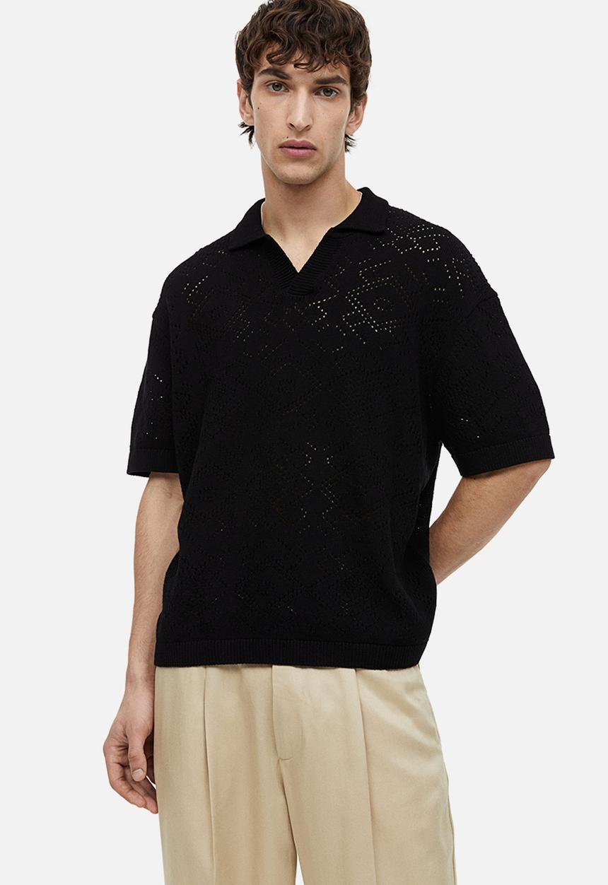 H&M - Relaxed fit crochet-look polo shirt - black
