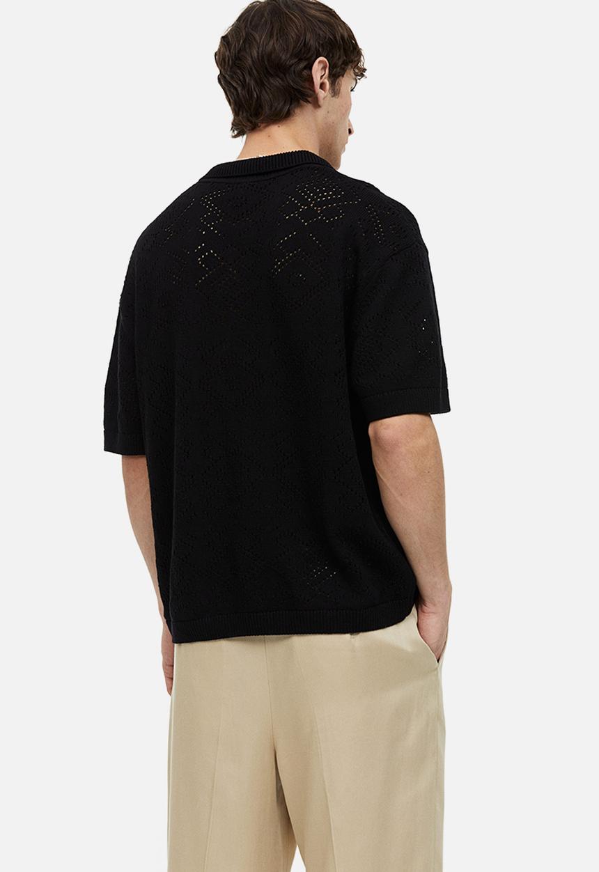H&M - Relaxed fit crochet-look polo shirt - black