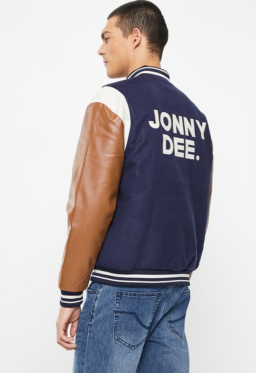 Jonathan D - Spencer branded melton & pu varsity jacket with back applique - navy