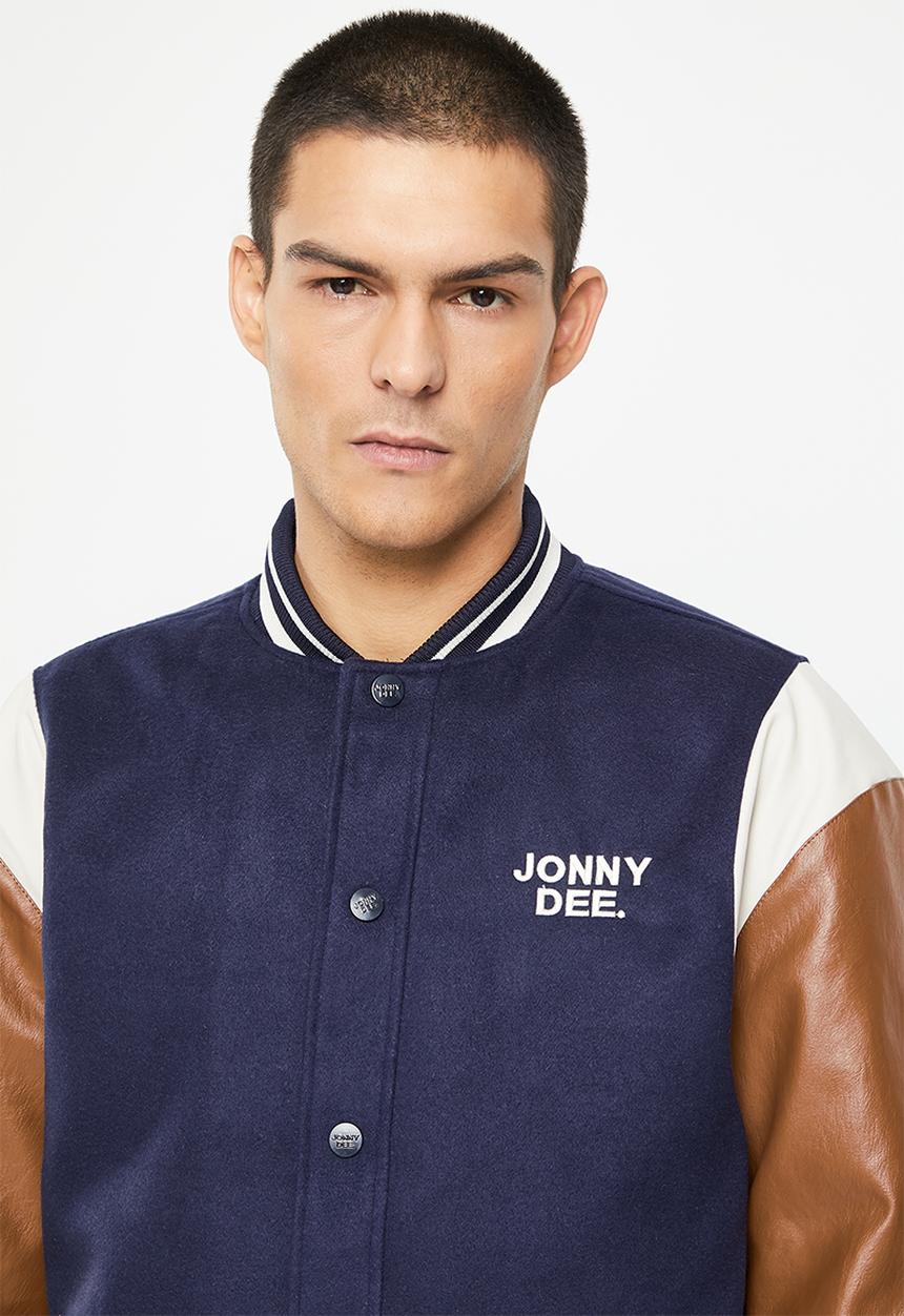 Jonathan D - Spencer branded melton & pu varsity jacket with back applique - navy