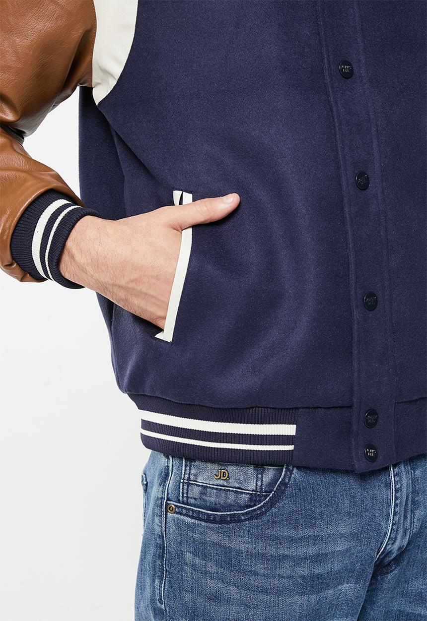 Jonathan D - Spencer branded melton & pu varsity jacket with back applique - navy