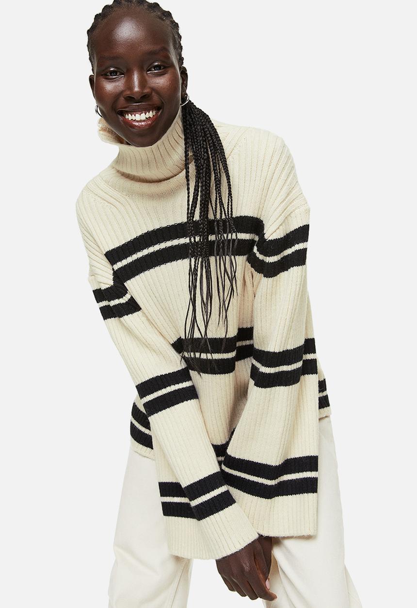 H&M - Oversized turtleneck jumper - cream/striped