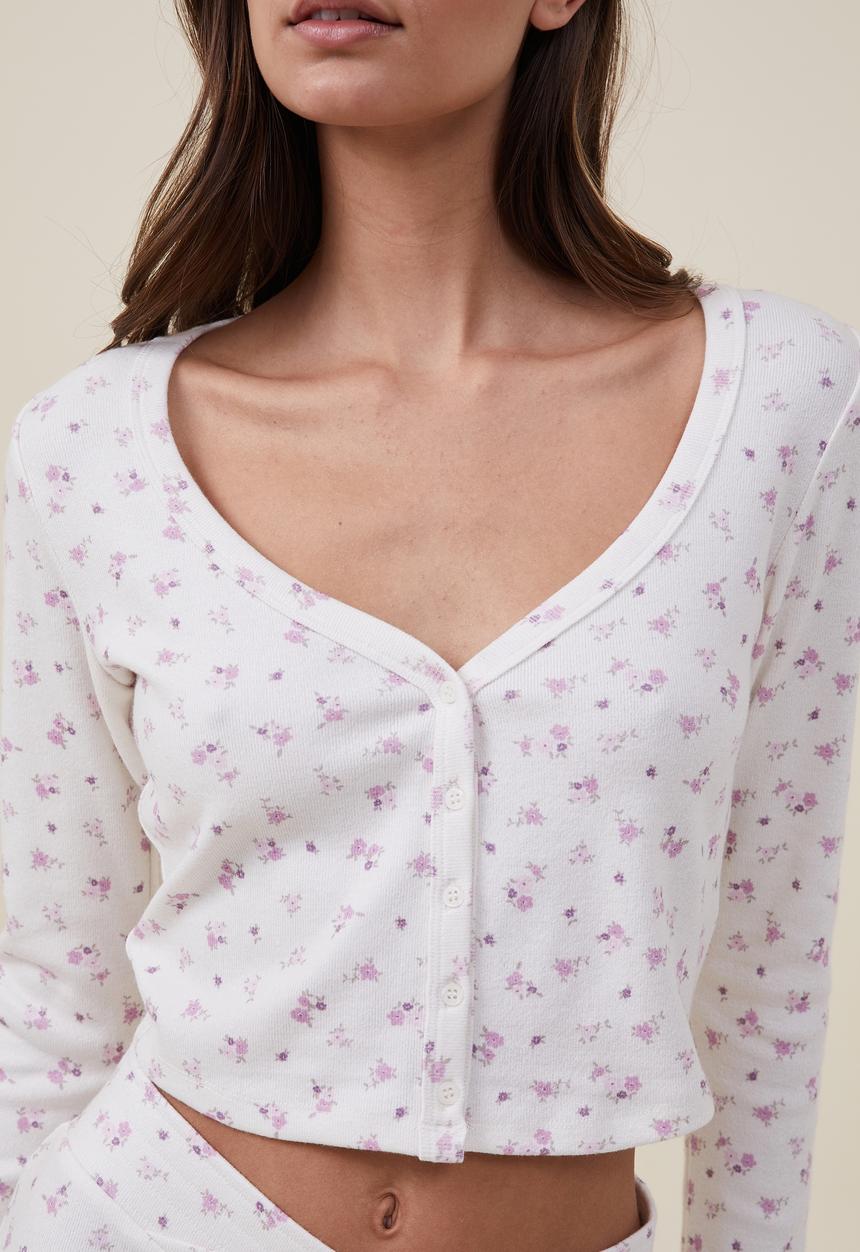 Cotton On - Crop long sleeve sleep top - evie ditsy cream 