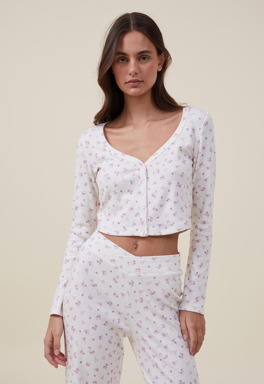 Cotton On - Crop long sleeve sleep top - evie ditsy cream 