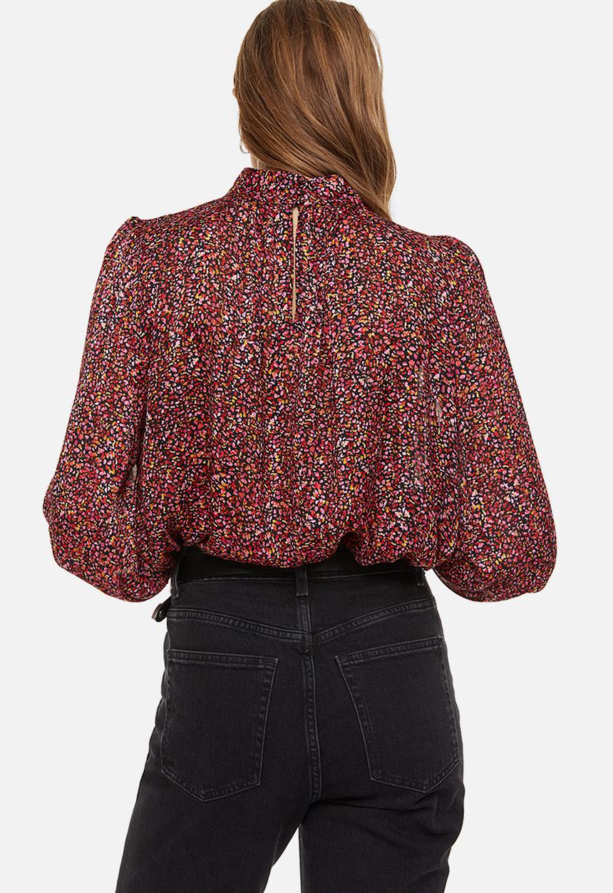 H&M - Stand-up collar satin blouse - red patterned