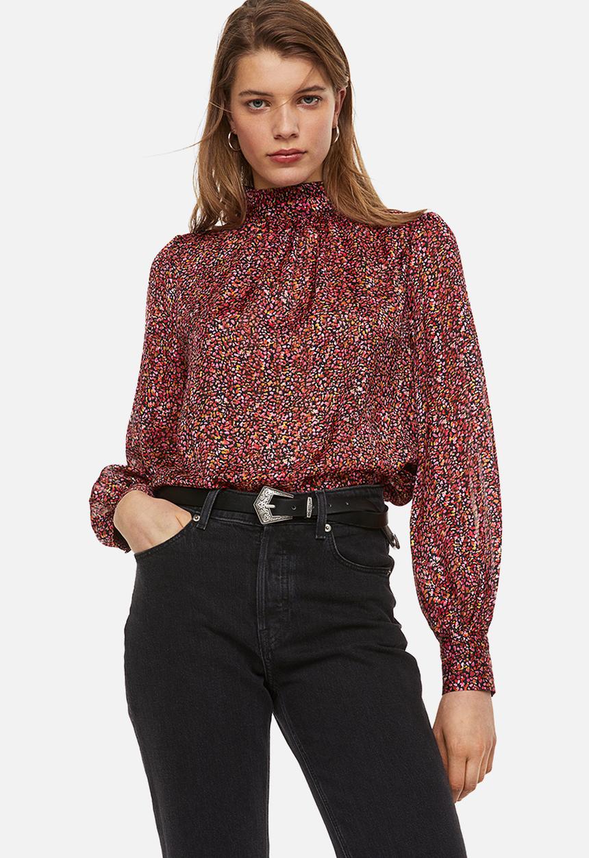 H&M - Stand-up collar satin blouse - red patterned