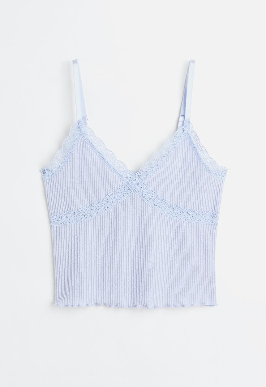 H&M - Lace-trimmed ribbed top - light blue