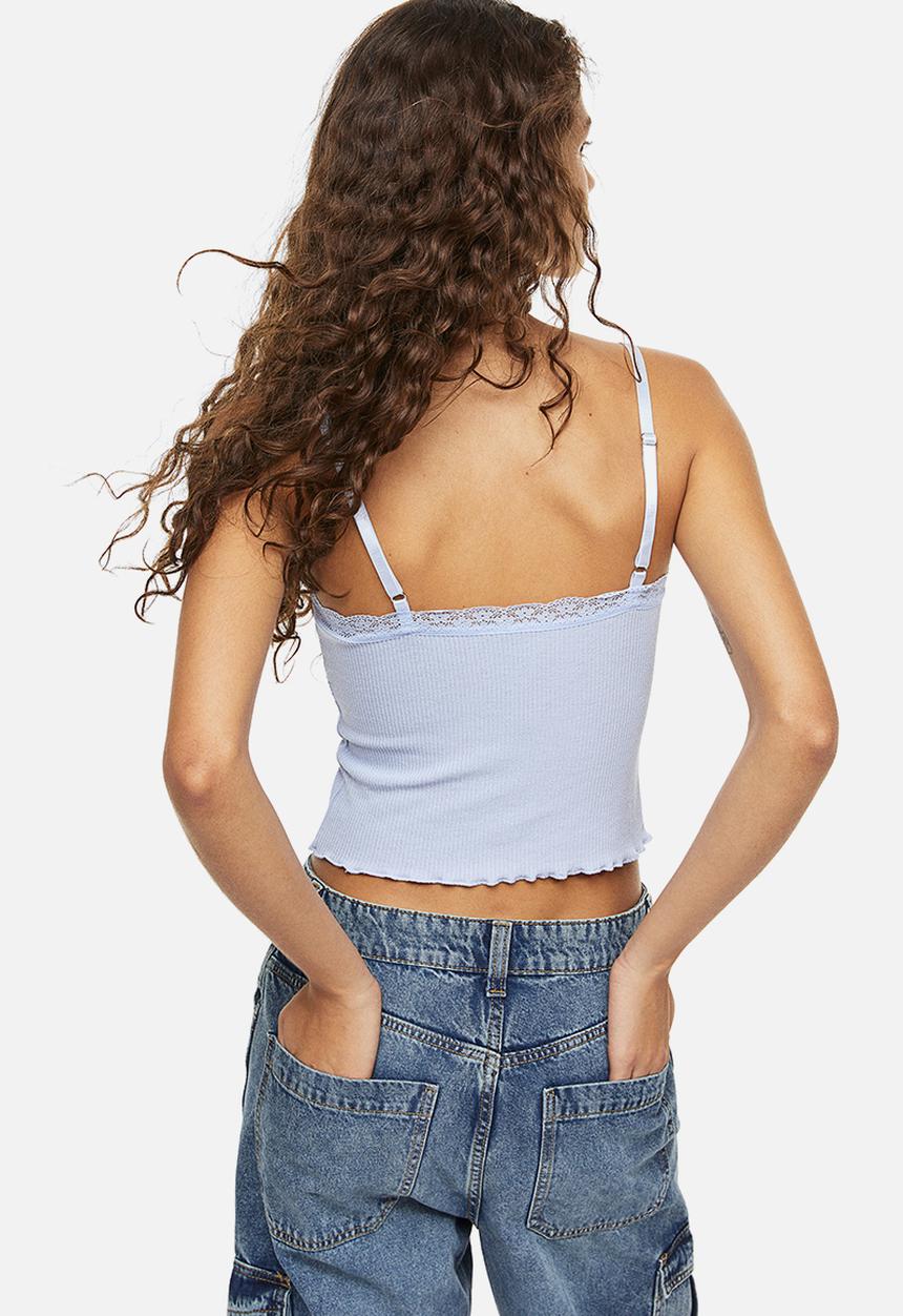 H&M - Lace-trimmed ribbed top - light blue