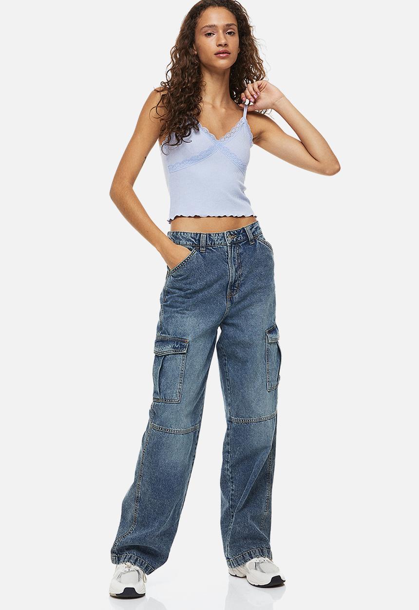 H&M - Lace-trimmed ribbed top - light blue