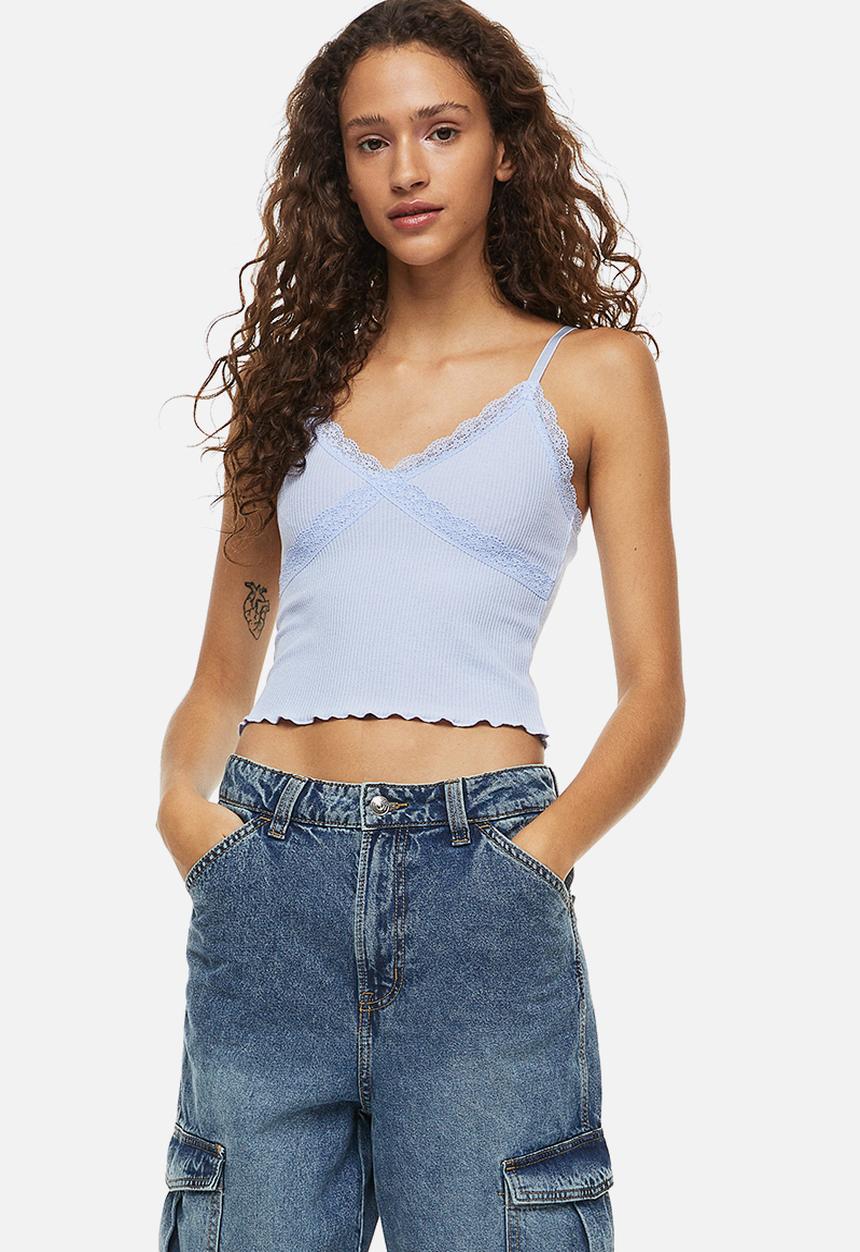 H&M - Lace-trimmed ribbed top - light blue