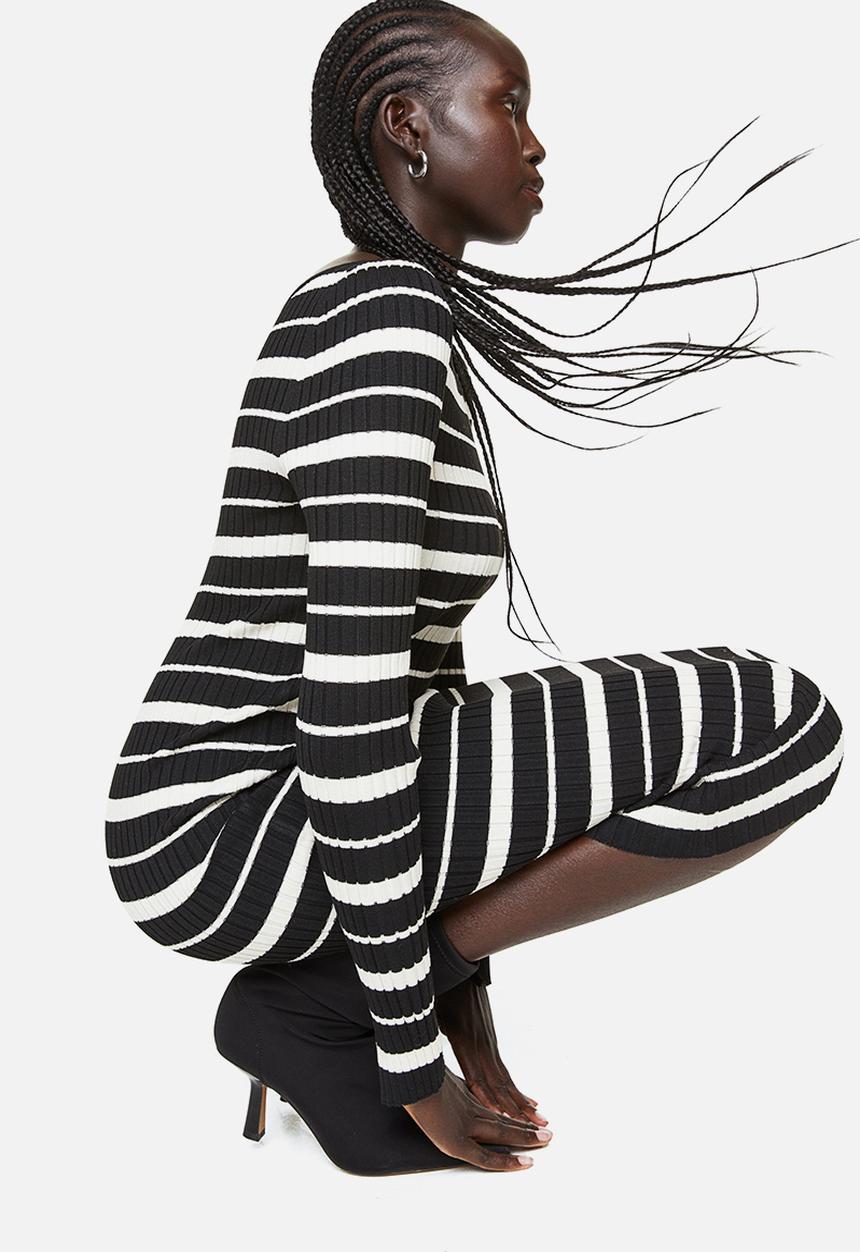 H&M - Rib-knit bodycon dress - black striped