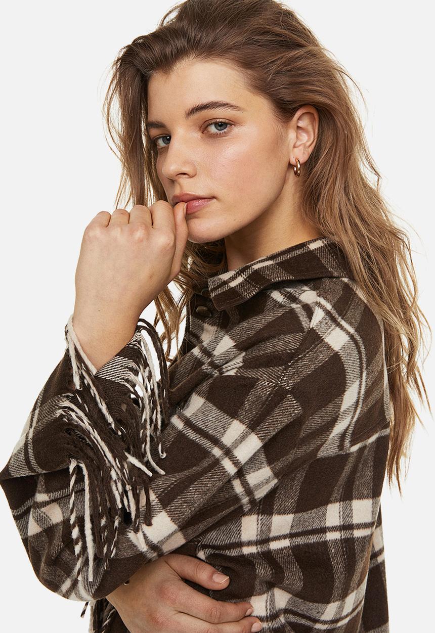 H&M - Fringe-trimmed shacket - dark brown/checked