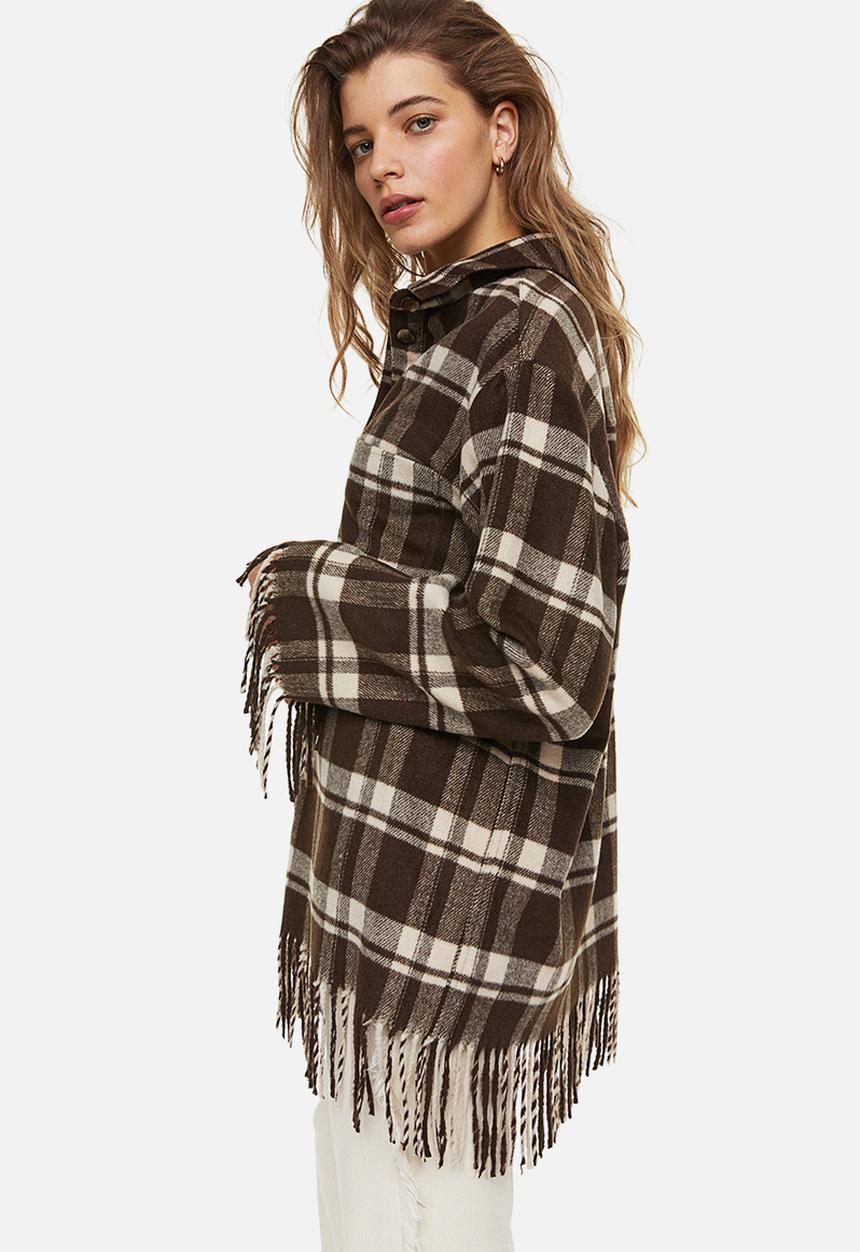 H&M - Fringe-trimmed shacket - dark brown/checked