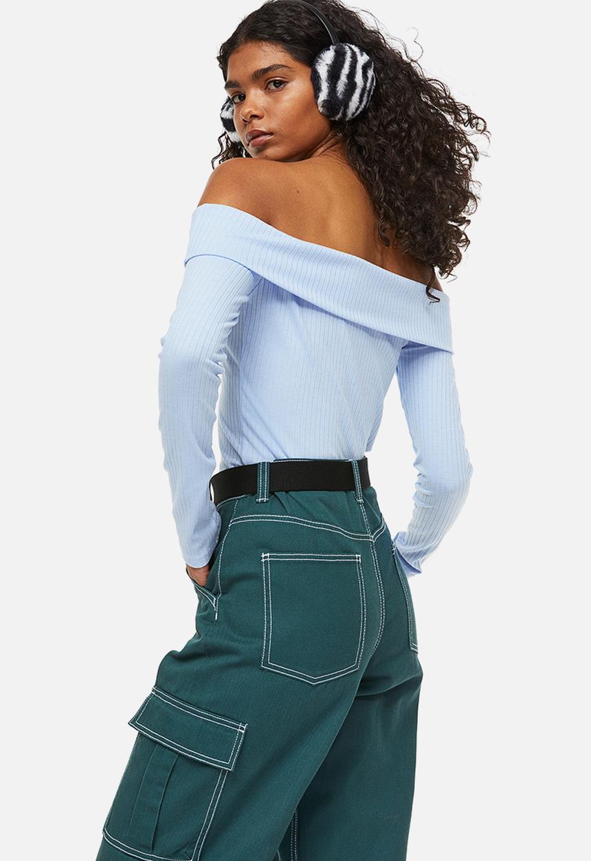 H&M - Off-the-shoulder ribbed top - light blue