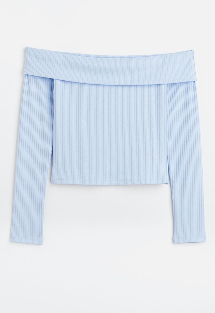 H&M - Off-the-shoulder ribbed top - light blue