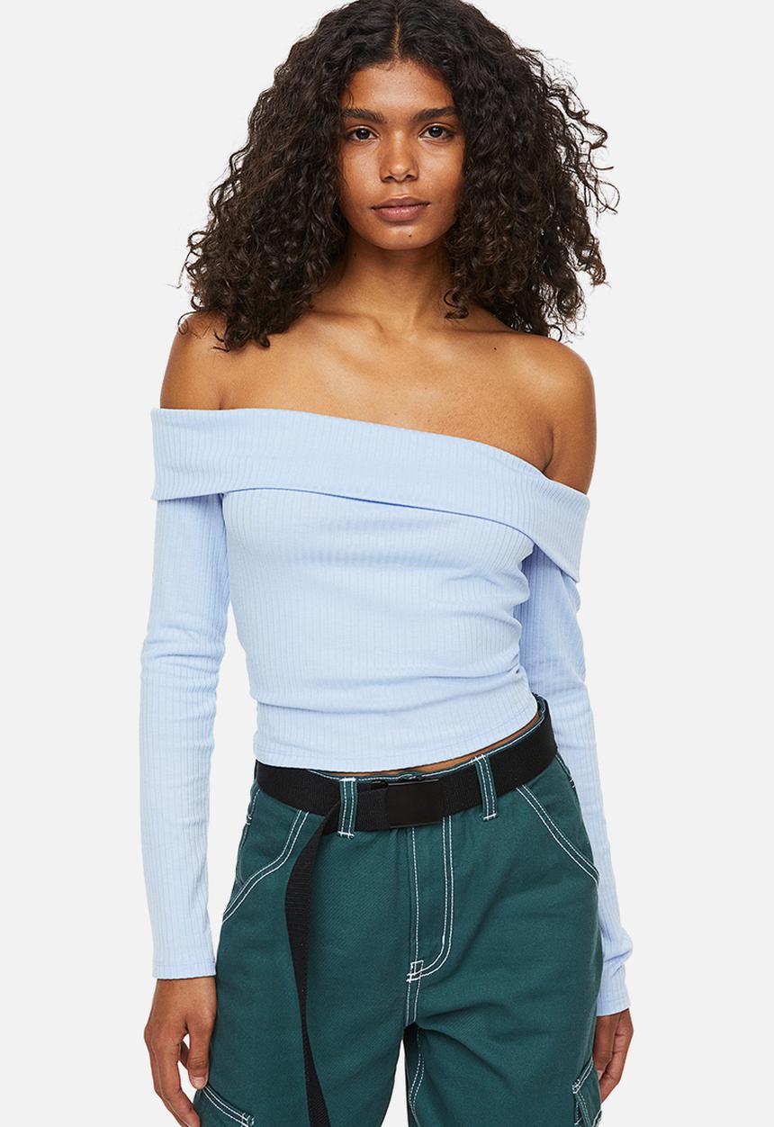 H&M - Off-the-shoulder ribbed top - light blue
